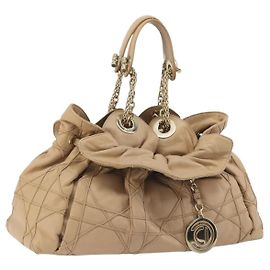Christian Dior Chain Drawstring Bag Leather Beige Gold