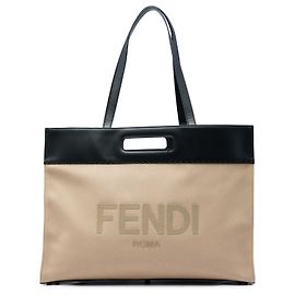 Borsa Shopper Tote Fendi in tela beige con logo e manici traforati