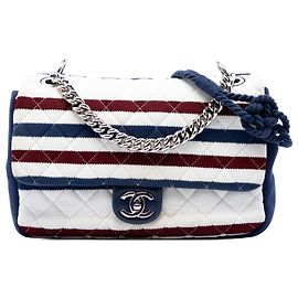 Chanel White Jumbo Stripe Jersey Felt and Rope Flap