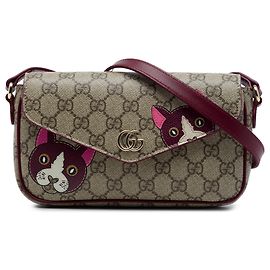 Borsa a tracolla Gucci Beige GG Supreme Ophidia con stampa gatto