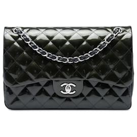 Chanel Green Jumbo Classic Striated Patent Double Flap