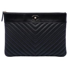 Chanel Black Medium Chevron Caviar Mademoiselle O Case Clutch