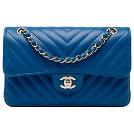 Chanel Blue Small Classic Chevron Lambskin Double Flap