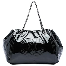 mala Tote Accordion Chanel Ligne Lipstick em couro envernizado preto