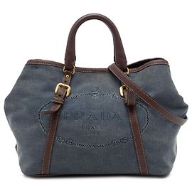 Bolso Satchel Prada de lona Canapa con logo y ribetes de cuero Vitello Daino azul