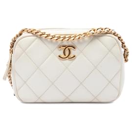 Chanel Melody Chain Camera Bag aus weißem gestepptem Kaviarleder mit CC