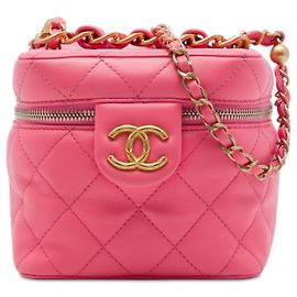 Chanel Vanity Case Small CC in Pelle di Agnello Matelassé Rosa con Catena
