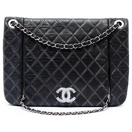 Chanel Black Quilted Metallic Distressed Lambskin CC Crystal Flap