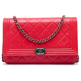 Chanel Red Quilted Lambskin Boy Wallet On Chain