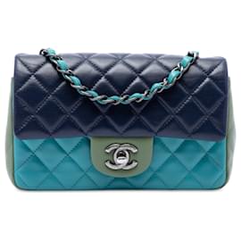 Chanel Blue Mini Rectangular Classic Tricolor Lambskin Single Flap