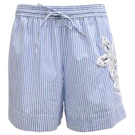 Sandro gestreifte Shorts mit Blumenapplikationen aus blauer Baumwolle