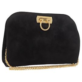 Salvatore Ferragamo Gancini Chain Shoulder Bag Suede Black Gold