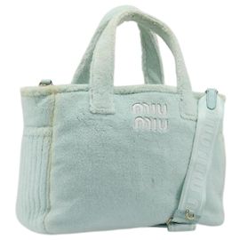 Saco Tote Miu Miu em tecido de toalha Pile Light Blue Gold Tone Auth 198970