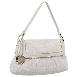 FENDI Zucca Canvas Mamma Baguette Shoulder Bag Leather Ivory Gold Auth 200892V