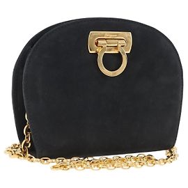 Borsa a tracolla Salvatore Ferragamo Gancini Chain Suede Black Gold Auth 197729