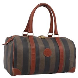 FENDI Pecan Canvas Boston Bag PVC Black Brown Auth 197655