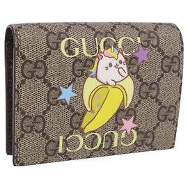 GUCCI BNF GG Supreme Compact Wallet PVC Leather Beige Yellow 701009 Auth 198557M