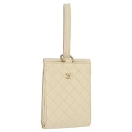 CHANEL Multi Case Matelasse Pouch Leather Ivory Gold CC Auth 199133