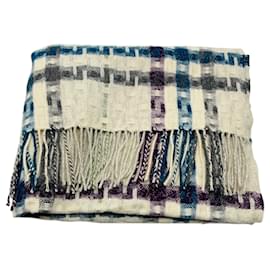 Sciarpa lunga Burberry in lana merino e cashmere a quadri con frange, colore Ivory / Blue / Purple