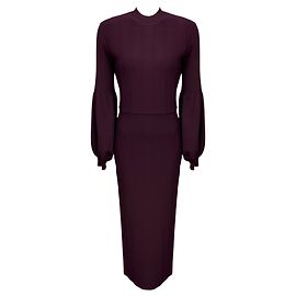 Abito midi aderente in maglia a maniche lunghe Lela Rose Burgundy