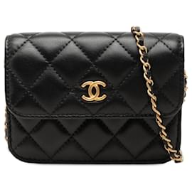 Chanel Mini CC Quilted Lambskin Pearl Crush Pouch Umhängetasche in Schwarz mit Kette