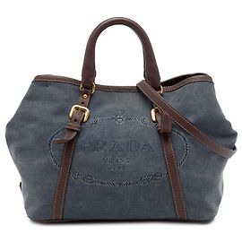 Borsa Satchel Prada in tela Canapa con logo e rifiniture in pelle Vitello Daino blu
