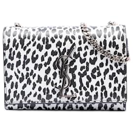 Bolsa Tiracolo Kate Small em couro de bezerro branco com estampa de leopardo e monograma Saint Laurent