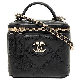 Borsa Vanity Chanel Mini CC Matelassé in Pelle Caviar Nera con Manico e Catena