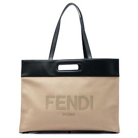 Borsa Shopper Tote Satchel Fendi in tela beige con logo e manici traforati