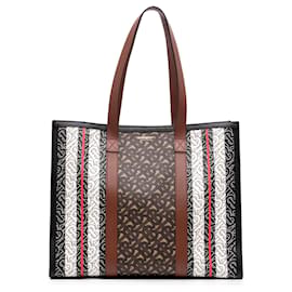 Borsa Book Tote Burberry TB Monogram E Canvas Stripe Marrone