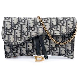Borsa a tracolla con catena Portafoglio Saddle in tela Dior Oblique blu