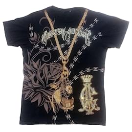 Autre Marque T-shirt Christian Audigier Preta com Corrente Dourada e Strass