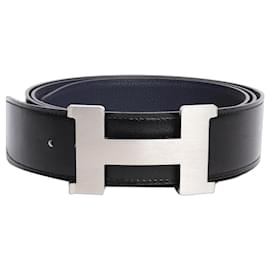 Hermès Cinto H reversível em couro preto e azul marinho