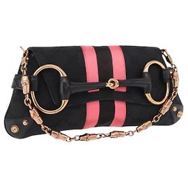 GUCCI GG Canvas Bamboo Chain Horsebit Hand Bag Black Gold 129497