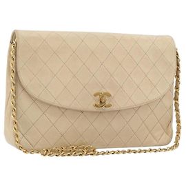 CHANEL Bolsa de Ombro Matelassé com corrente em pele de cordeiro Bege Gold CC