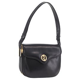 GUCCI Hand Bag Leather Black Gold