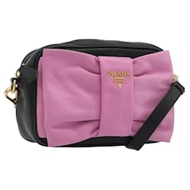 PRADA Ribbon Shoulder Bag Leather Black Pink