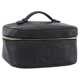 CHANEL COCO Mark Vanity Cosmetic Pouch Caviar Skin Black Gold CC