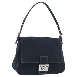 FENDI Mamma Baguette Shoulder Bag Canvas Navy Silver
