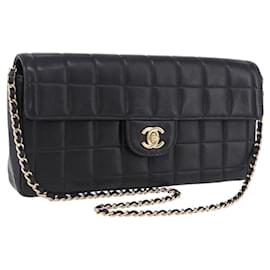 CHANEL Choco Bar Line Chain Shoulder Bag Leather Black Gold CC