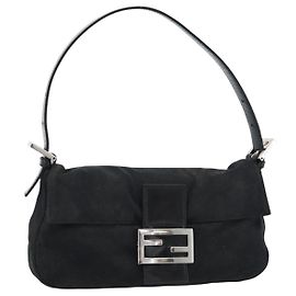 FENDI Mamma Baguette Shoulder Bag Cotton Black Silver