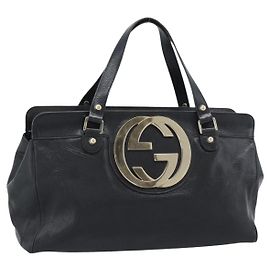 GUCCI Interlocking G Hand Bag Leather Black Gold Tone 131445