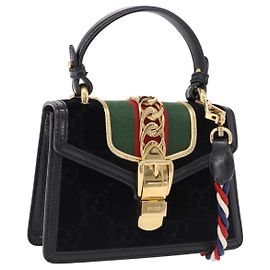 GUCCI GG Canvas Web Sherry Line Bag Velvet 2way Black Gold 470270