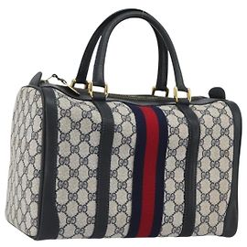 GUCCI GG Supreme Sherry Line Boston Bag PVC Navy Gold