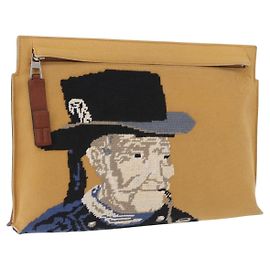 LOEWE Clutch Bag Canvas Brown Silver
