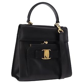 Salvatore Ferragamo Vala Hand Bag Leather 2way Black Gold Tone