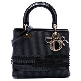 Dior Lady Dior in tela intrecciata nera Medium con rifiniture in vernice