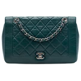 Chanel Green Medium Quilted Crumpled Calfskin Bi Vintage Full Flap