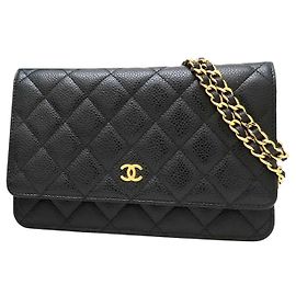 Chanel Black CC Quilted Caviar Wallet on Chain