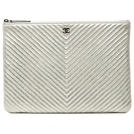 Chanel Silver Medium Chevron Metallic Calfskin O Case Clutch